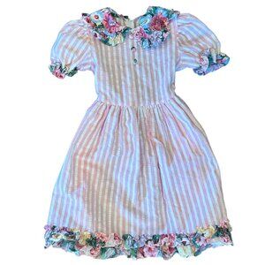 Vintage Kate Greenaway Pastel Striped Cottagecore Floral Peter Pan Collar Dress
